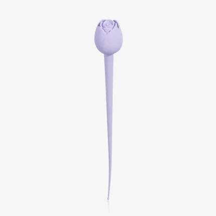 Upright lavender rose bud intimacy device with long flexible handle on clean white background