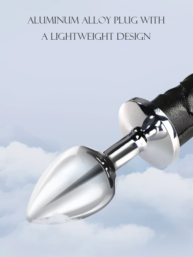 Aluminum alloy plug with lightweight design detail on braided leather devil tail product