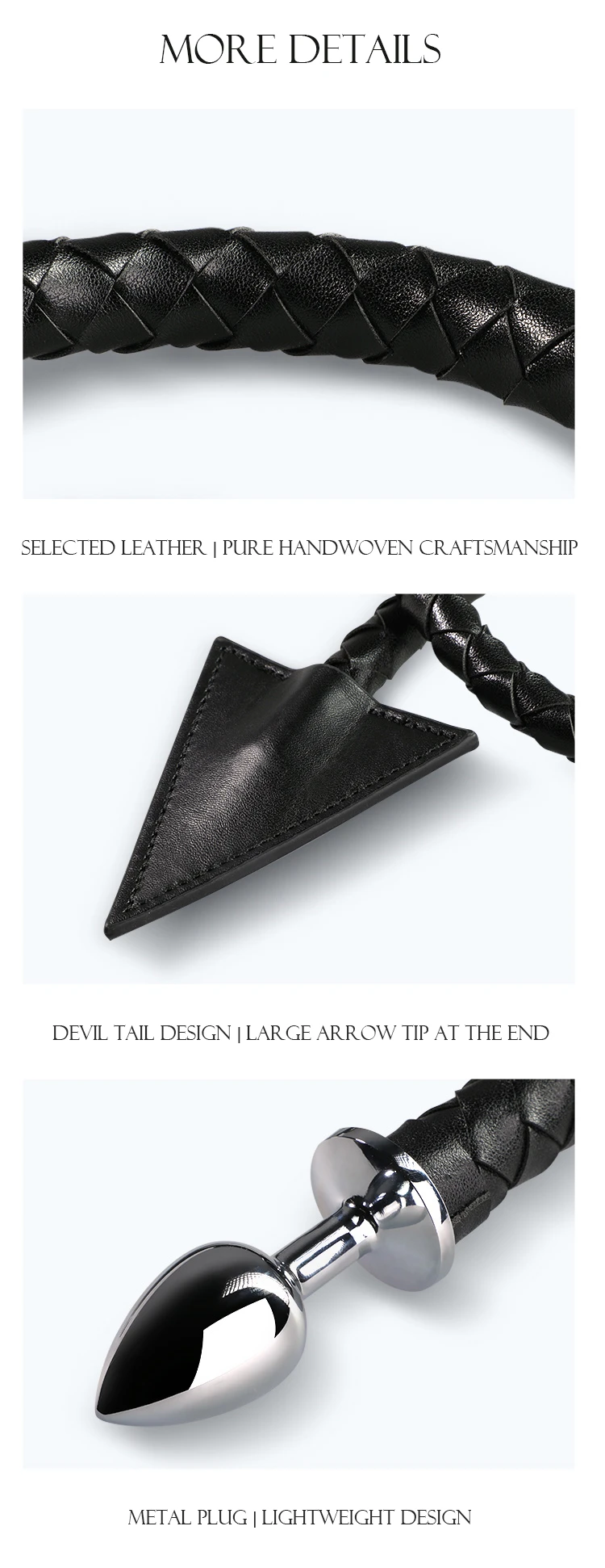 Braided leather devil tail plug details with handwoven texture arrow tip and metal plug close-up