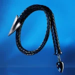 Braided leather devil tail plug styled against blue background with glossy metal tip