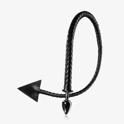 Braided leather devil tail plug with metal tip shown in full product view on a clean gray background