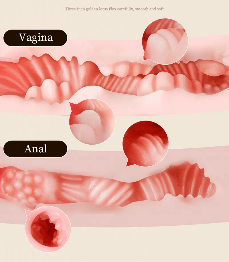 Dual-channel masturbation sleeve close-up showing winding internal texture and tight rear tunnel detail