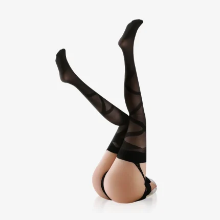 Studio image of realistic lower body sex toy with raised legs, black stockings, and rounded hip design