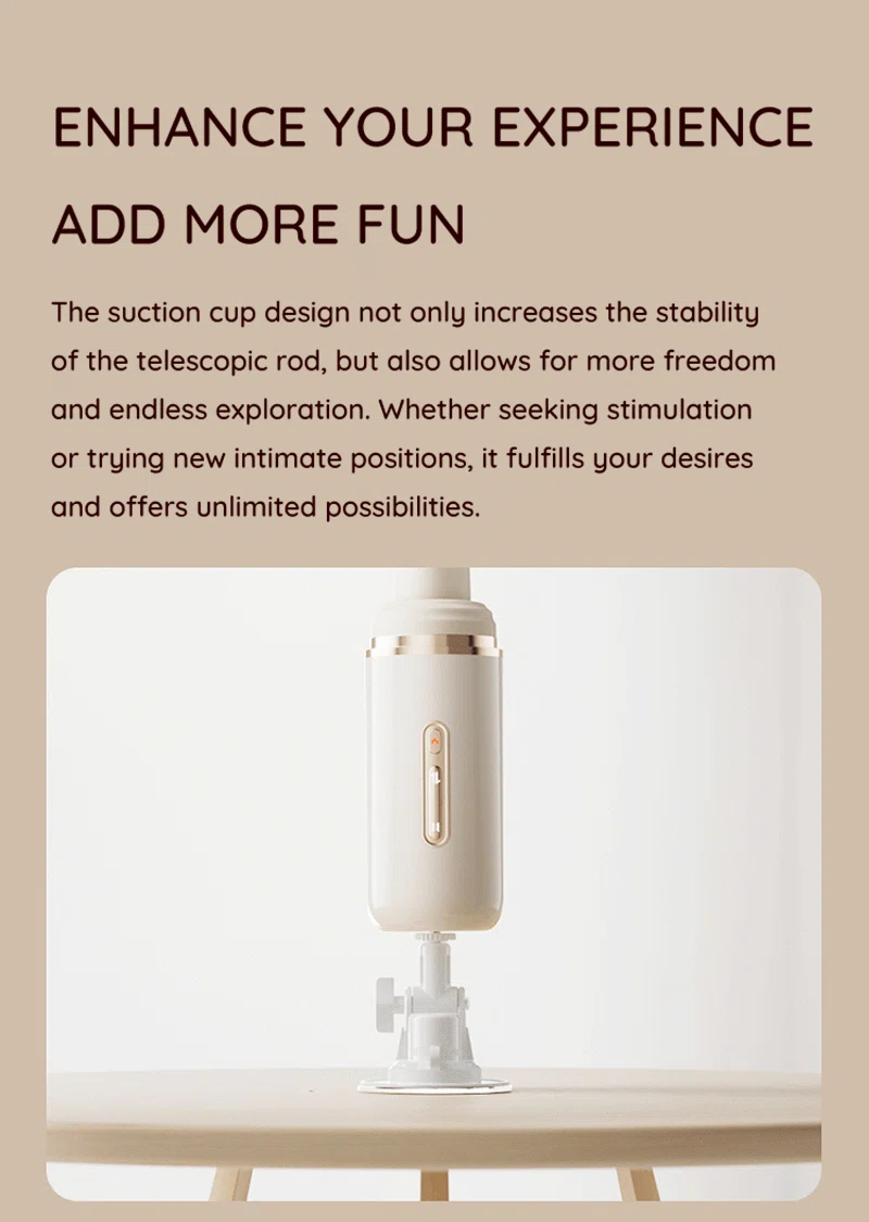 Telescopic thrusting vibrator with suction cup base mounted on a tabletop Discreet Sex Toys Brand - HooHss