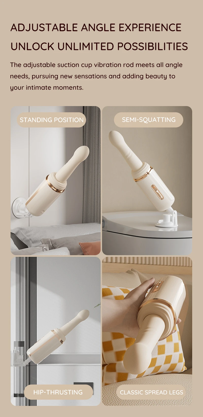Adjustable angle thrusting vibrator with suction cup shown in multiple mounting positions Discreet Sex Toys Brand - HooHss