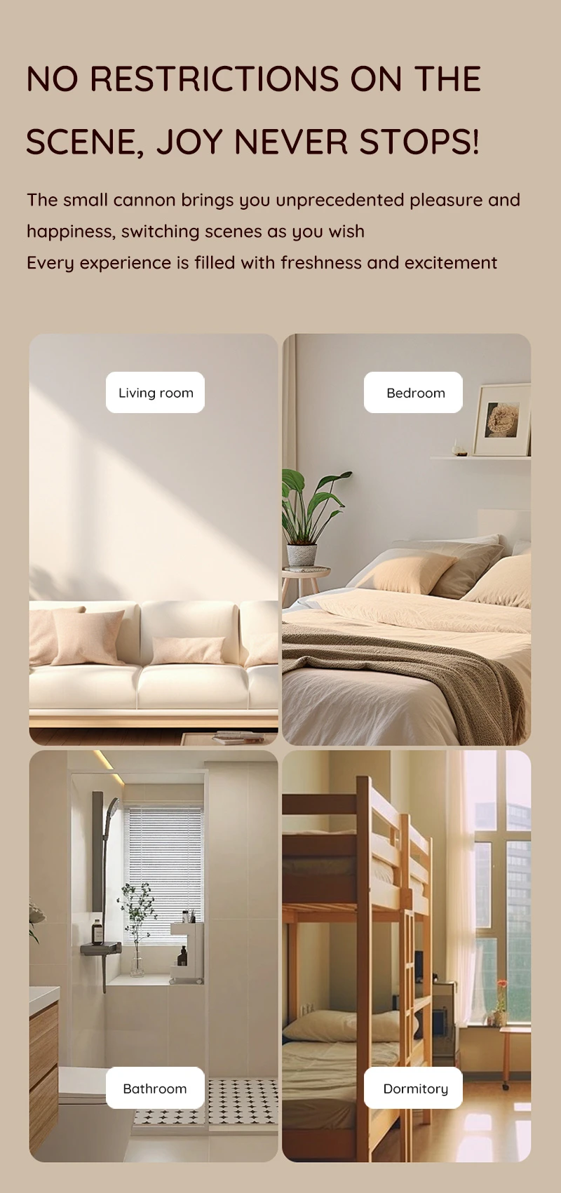 Lifestyle collage showing living room, bedroom, bathroom, and dormitory settings Discreet Sex Toys Brand - HooHss