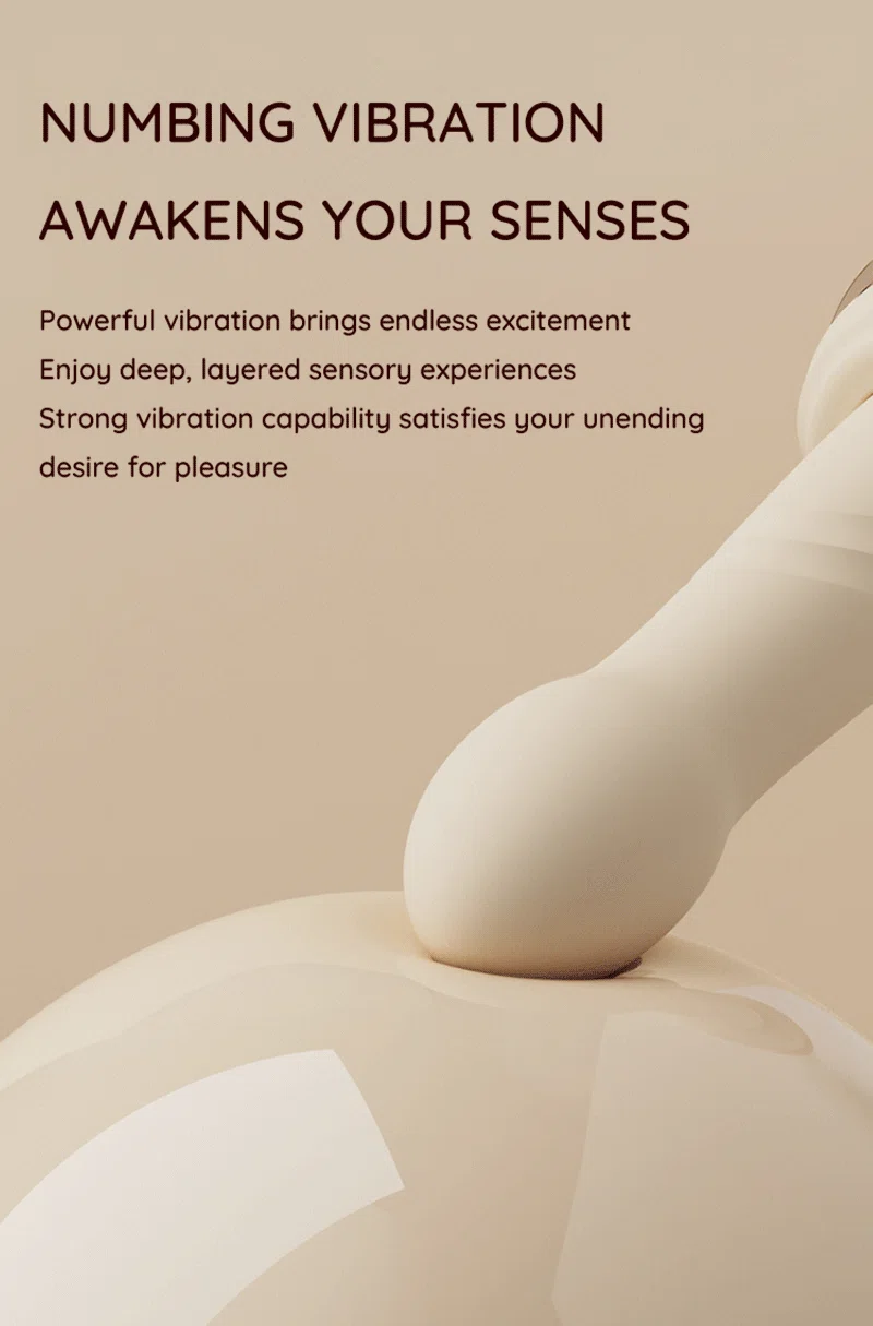 Close-up of thrusting vibrator with numbing vibration feature text Discreet Sex Toys Brand - HooHss