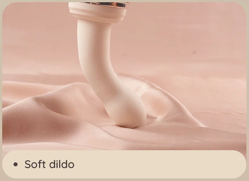 Curved soft dildo shown pressing into fabric with soft dildo label Discreet Sex Toys Brand - HooHss