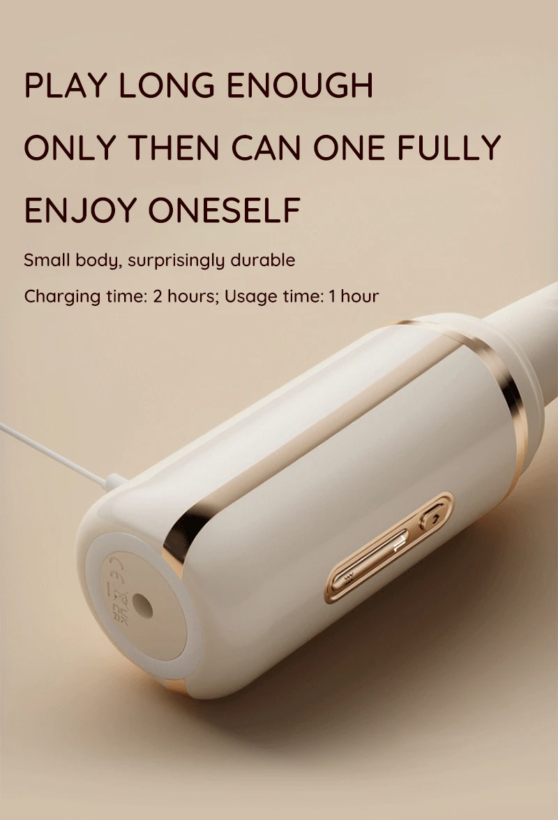 Rechargeable heated telescopic thrusting vibrator with charging time and usage time text Discreet Sex Toys Brand - HooHss