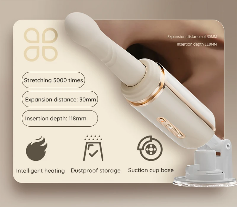 Heated telescopic thrusting vibrator with suction cup base and feature icons Discreet Sex Toys Brand - HooHss