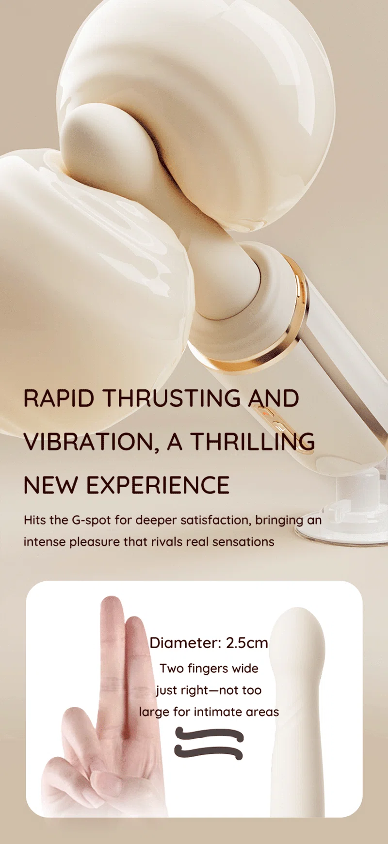 Close-up of thrusting vibrator head with size comparison and rapid vibration text Discreet Sex Toys Brand - HooHss