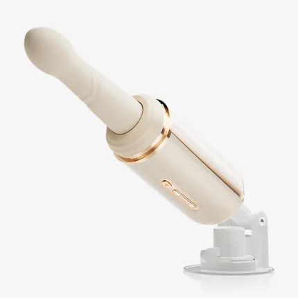 White heated telescopic thrusting vibrator with curved tip and gold accents Discreet Sex Toys Brand - HooHss