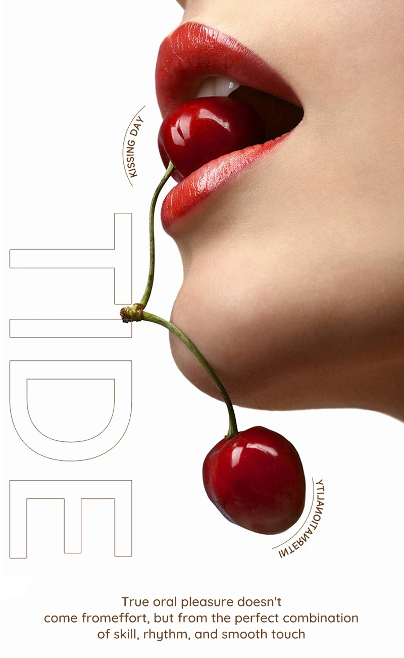 Close-up of lips holding cherries with erotic oral pleasure poster text Discreet Sex Toys Brand - HooHss