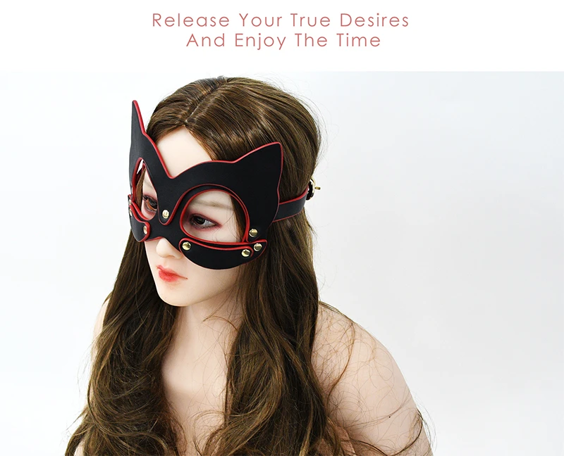 Black cat half face mask worn by model with adjustable leather strap and bold cosplay styling
