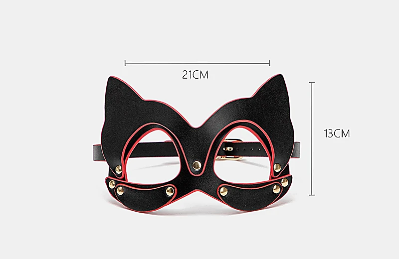 Black cat eye mask size chart showing 21 cm width and 13 cm height for costume accessory fit