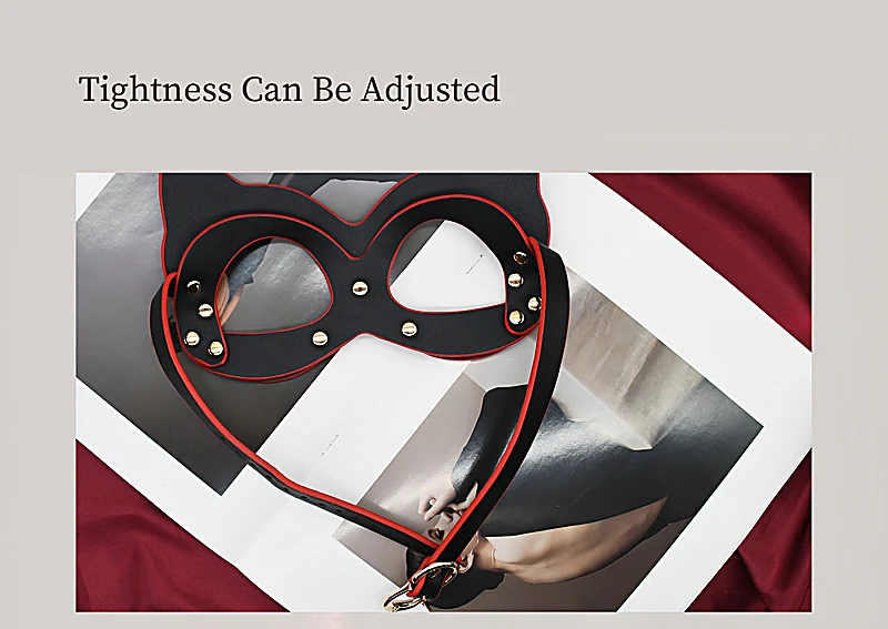 Adjustable black cat leather mask with buckle strap for comfortable secure fit during roleplay wear