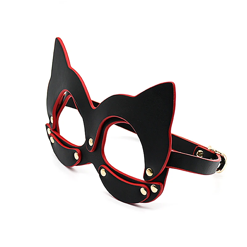 Side angle view of black faux leather cat mask with structured shape and buckle closure
