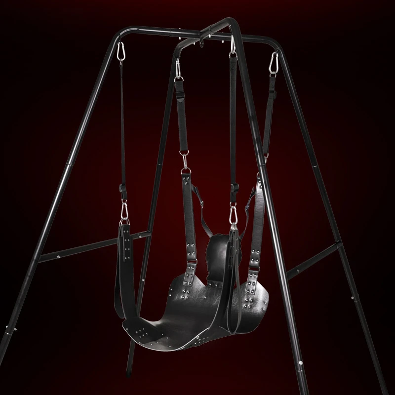 Genuine leather suspension swing with sturdy frame, headrest, and leg support straps