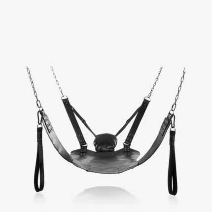 Black leather positioning swing with chain suspension, padded support, and side handles