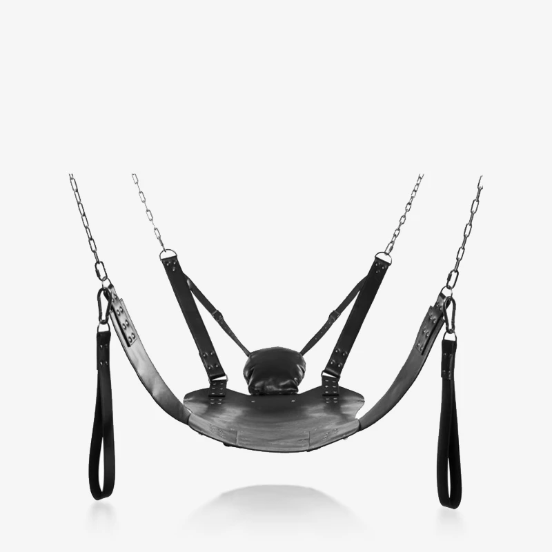 Black leather positioning swing with chain suspension, padded support, and side handles