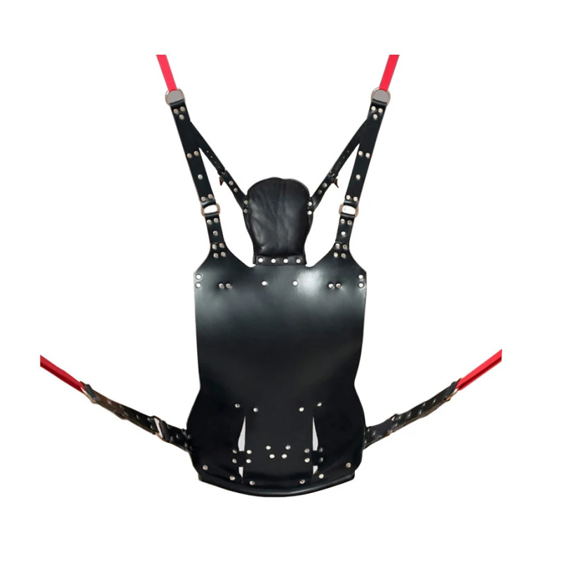Black genuine leather intimacy swing with padded headrest and adjustable support straps