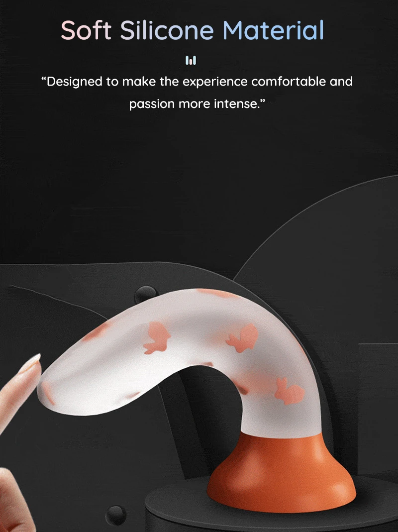 Soft silicone curved dildo with suction cup on black background Discreet Sex Toys Brand - HooHss