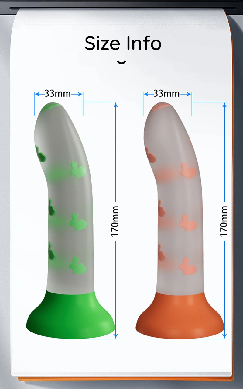 Size info chart showing two curved suction cup dildos, 170mm length and 33mm width Discreet Sex Toys Brand - HooHss
