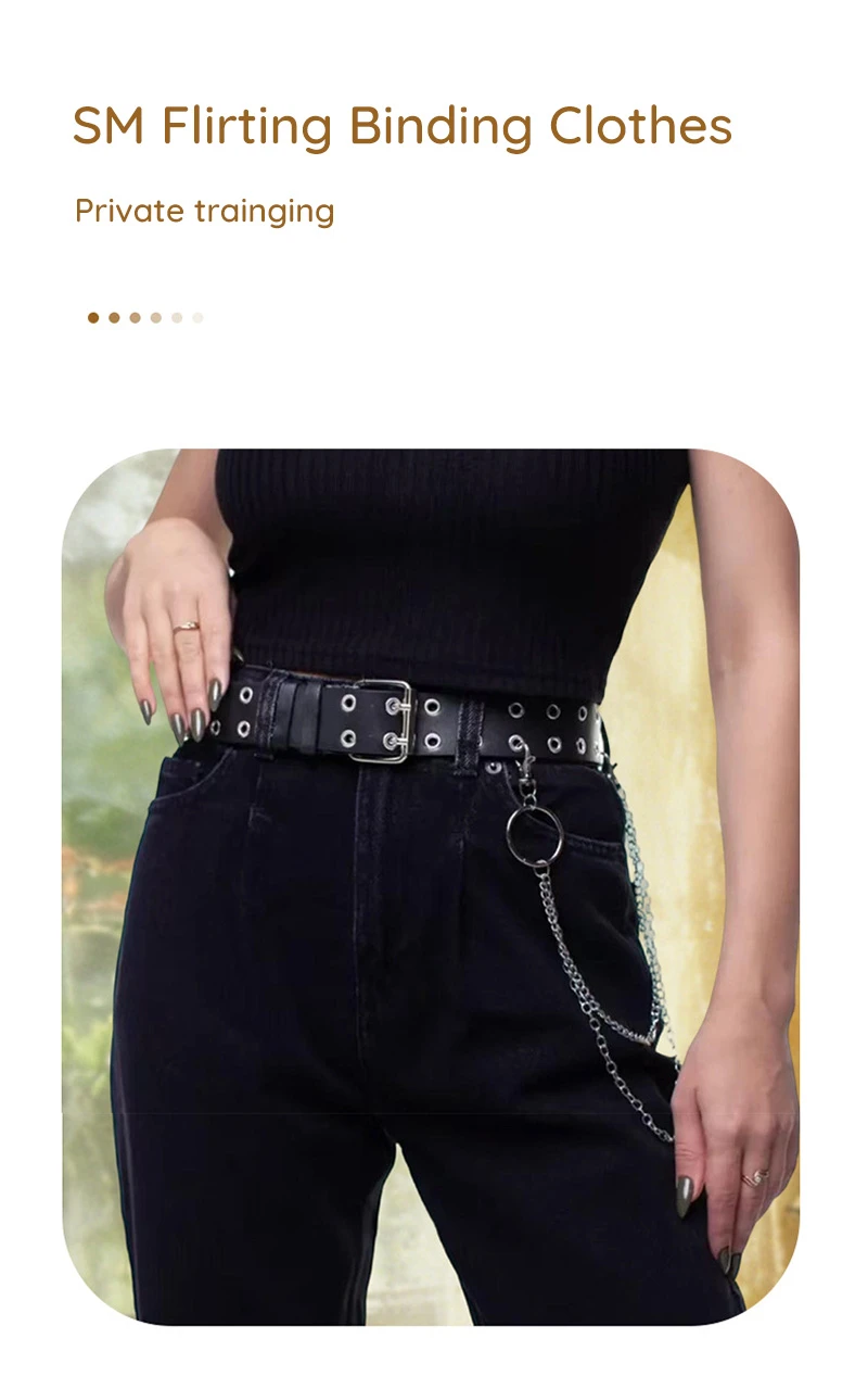 Black double grommet chain belt worn with high waist pants