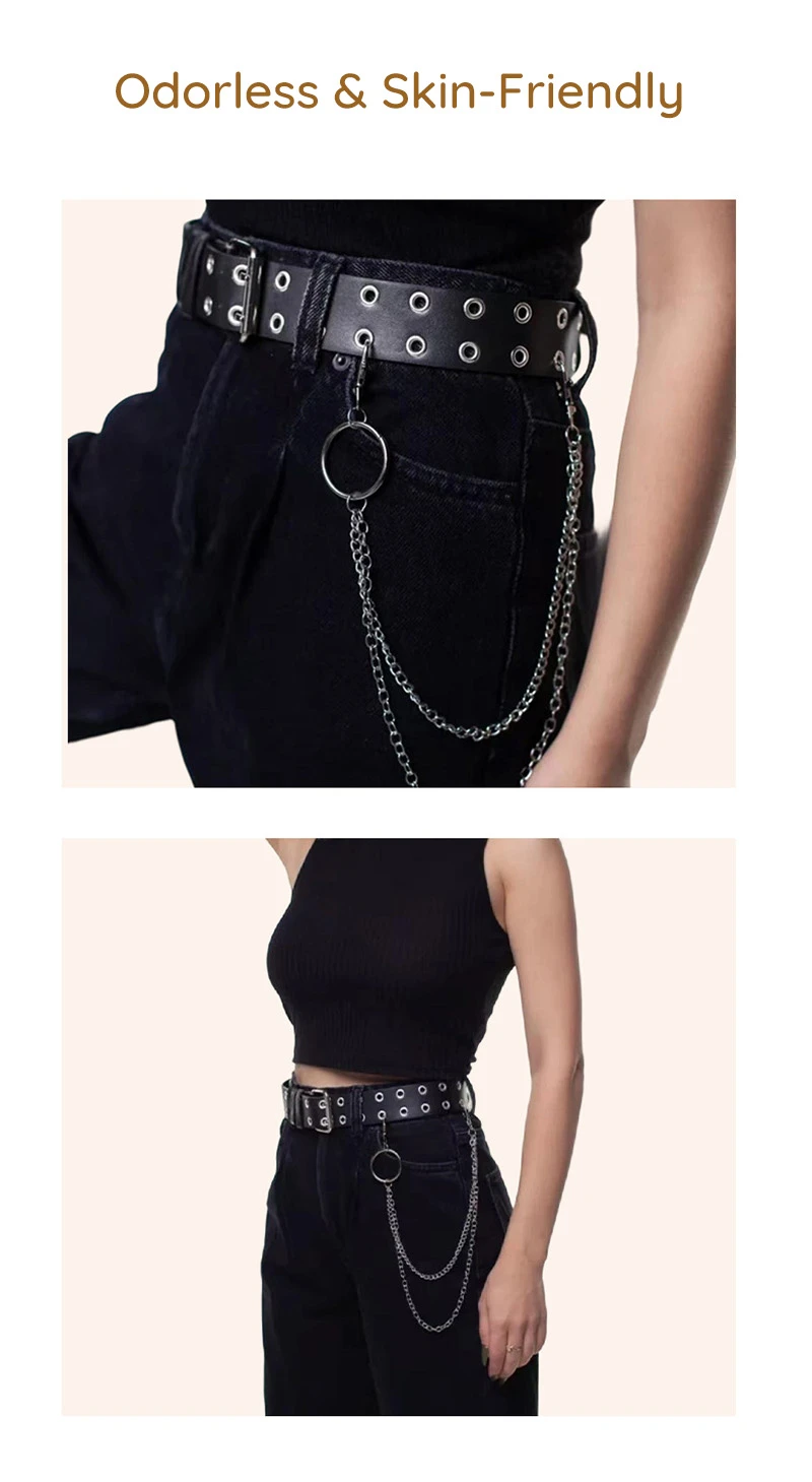 Black double grommet chain belt with ring detail worn on high-waisted pants