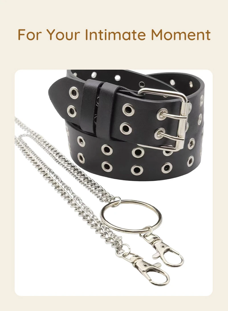 Black double grommet belt with silver buckle and detachable chain with ring and clips