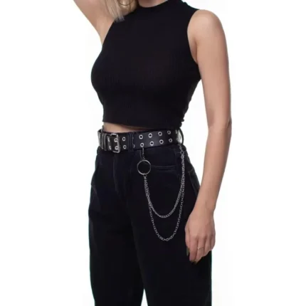 Black double grommet chain belt with silver rings and draped chain detail