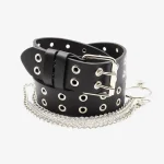 Black double grommet chain belt with silver buckle and layered chain detail