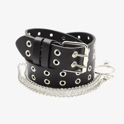 Black double grommet chain belt with silver buckle and layered chain detail