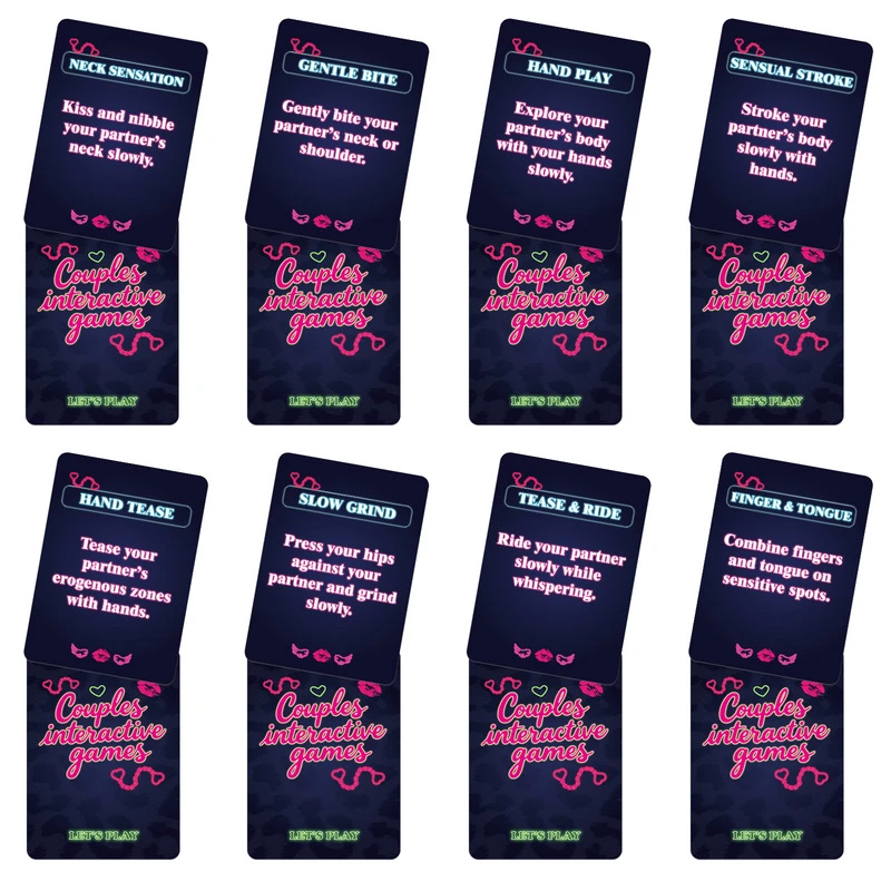 Front and back design infographic for couples interactive game cards showing rounded corners and neon print details