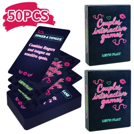 Close-up spread of neon couples interactive game cards with romantic challenge prompts for adult date night fun