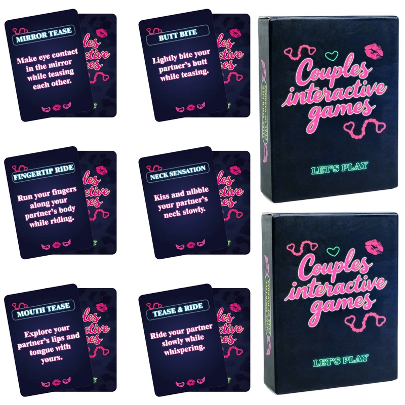 Romantic couples card game set with neon prompt cards displayed open to show teasing and connection-based challenges