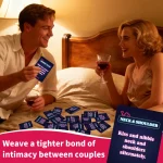 Couples game cards size infographic showing 50-piece set and compact pocket-size romantic prompt deck