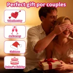 Boxed couples interactive game cards with sample prompt card showing portable adult party and date night game set