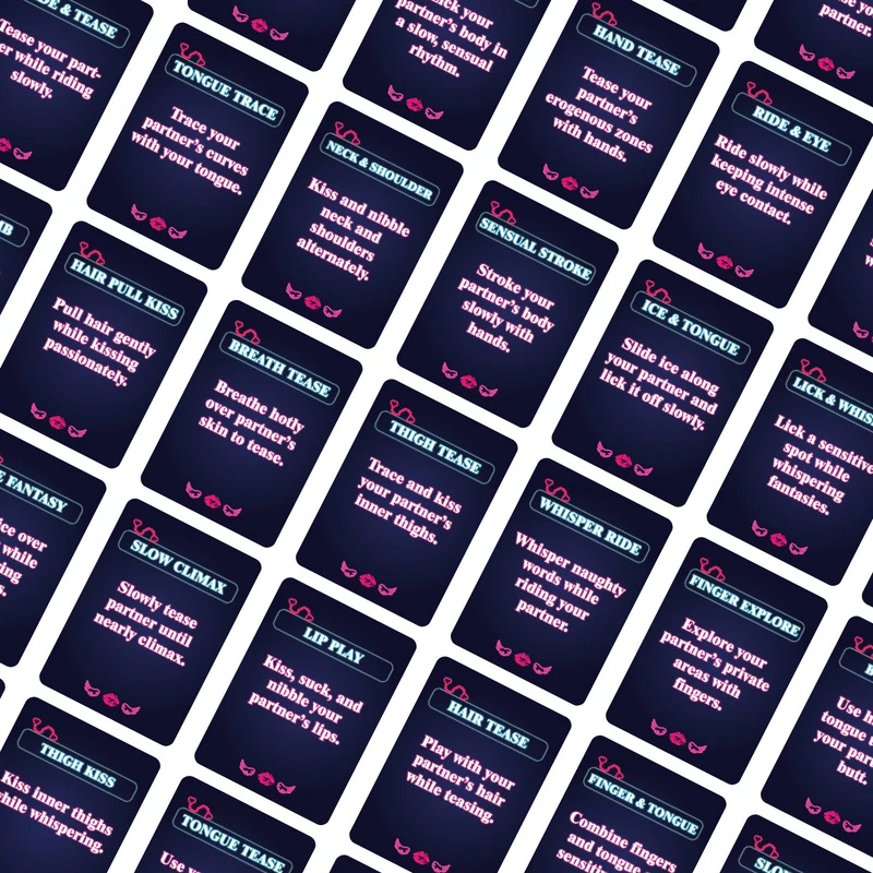 Card and box size chart for couples interactive game cards showing compact dimensions and portable storage box