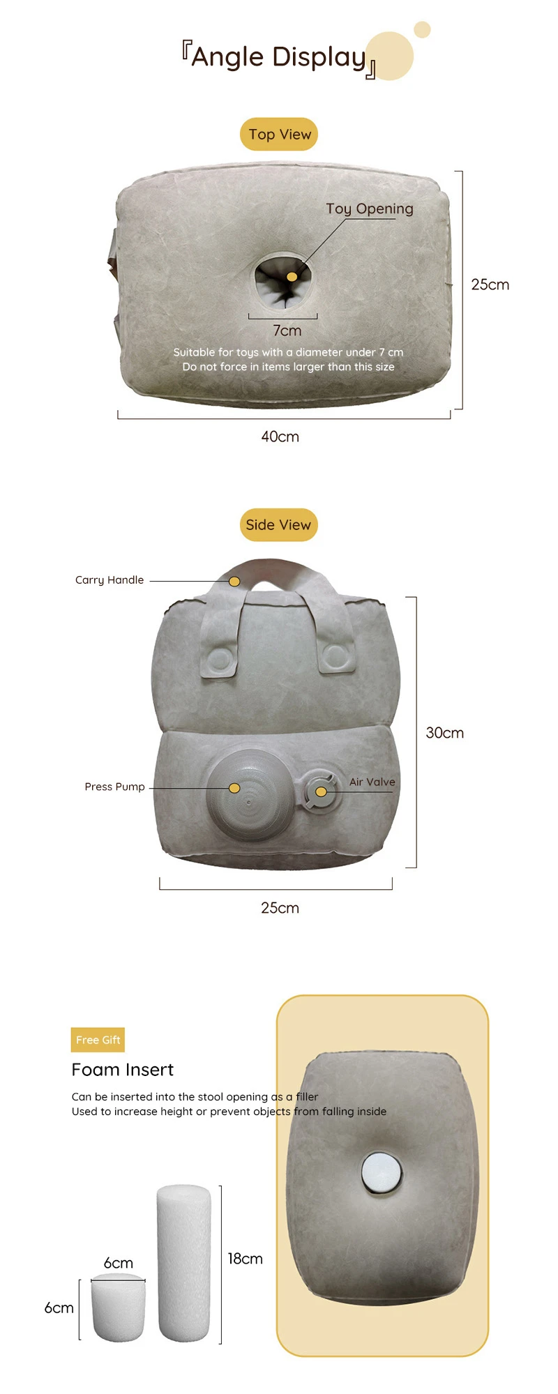 Inflatable position stool angle display with top and side views, carry handle, air valve, press pump, and foam insert
