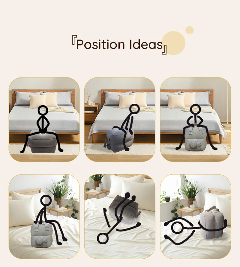 Position ideas diagram with inflatable stool on a bed in different positions