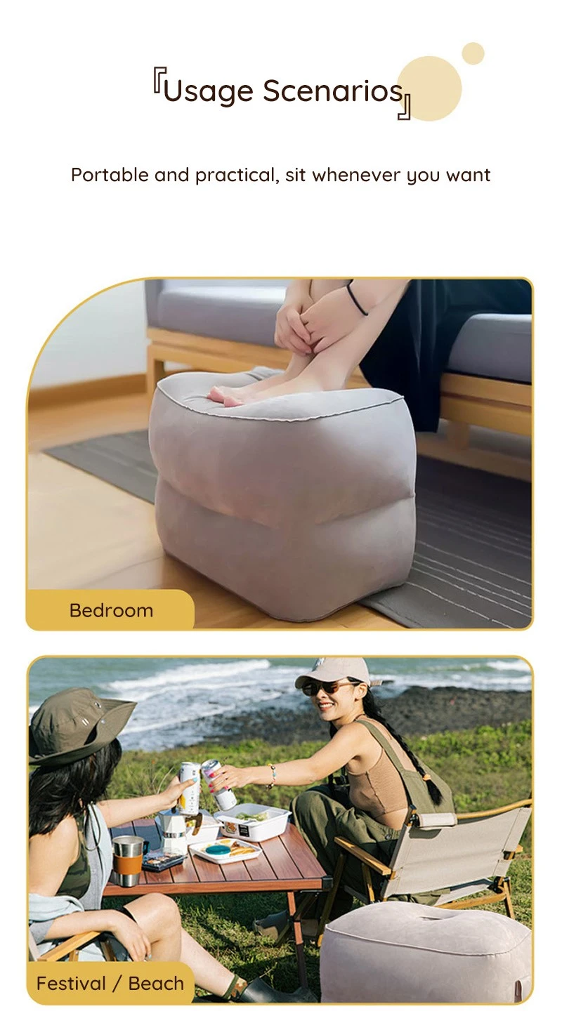 Portable inflatable stool used indoors and outdoors, shown in bedroom and beach picnic settings
