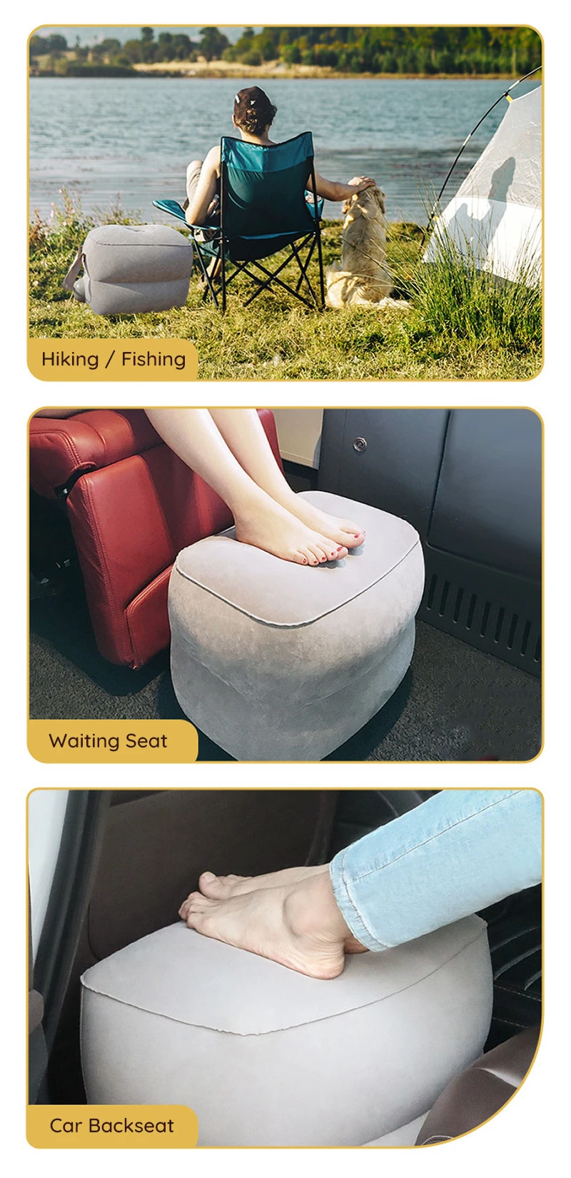 Portable inflatable footrest stool shown for camping, waiting seat, and car backseat use