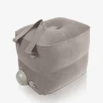 Grey inflatable sex toy support stool product photo with carry handles, air valve, and compact rectangular design on white background