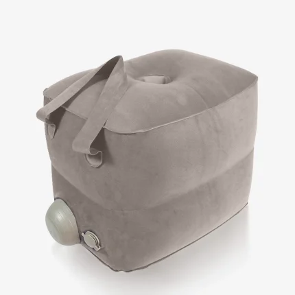 Grey inflatable sex toy support stool product photo with carry handles, air valve, and compact rectangular design on white background