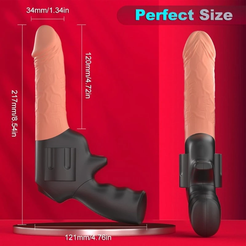 Rotating vibrating dildo gun with size dimensions shown on red background