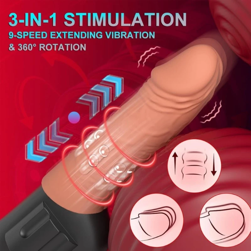 3-in-1 rotating vibrating dildo with textured shaft and stimulation feature graphics