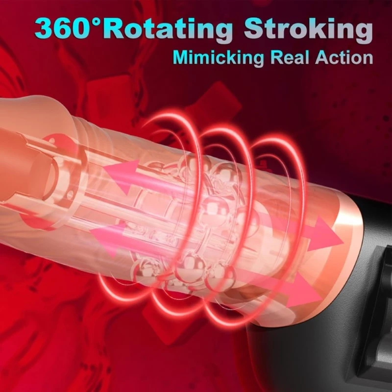 rotating stroking vibrating dildo illustration with internal motion arrows and transparent sleeve