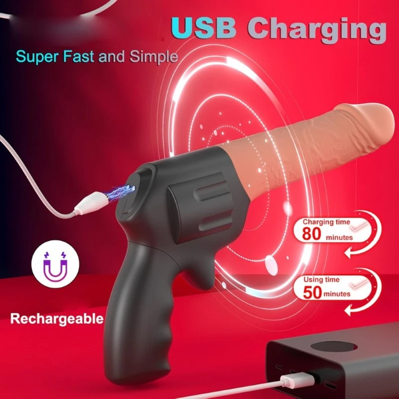 USB rechargeable rotating vibrating dildo gun with charging cable and battery life details