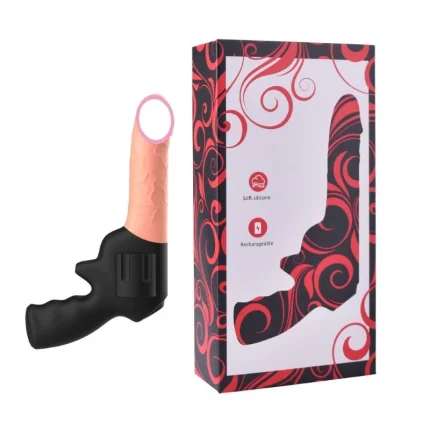 Rotating vibrating dildo with black handle beside product box